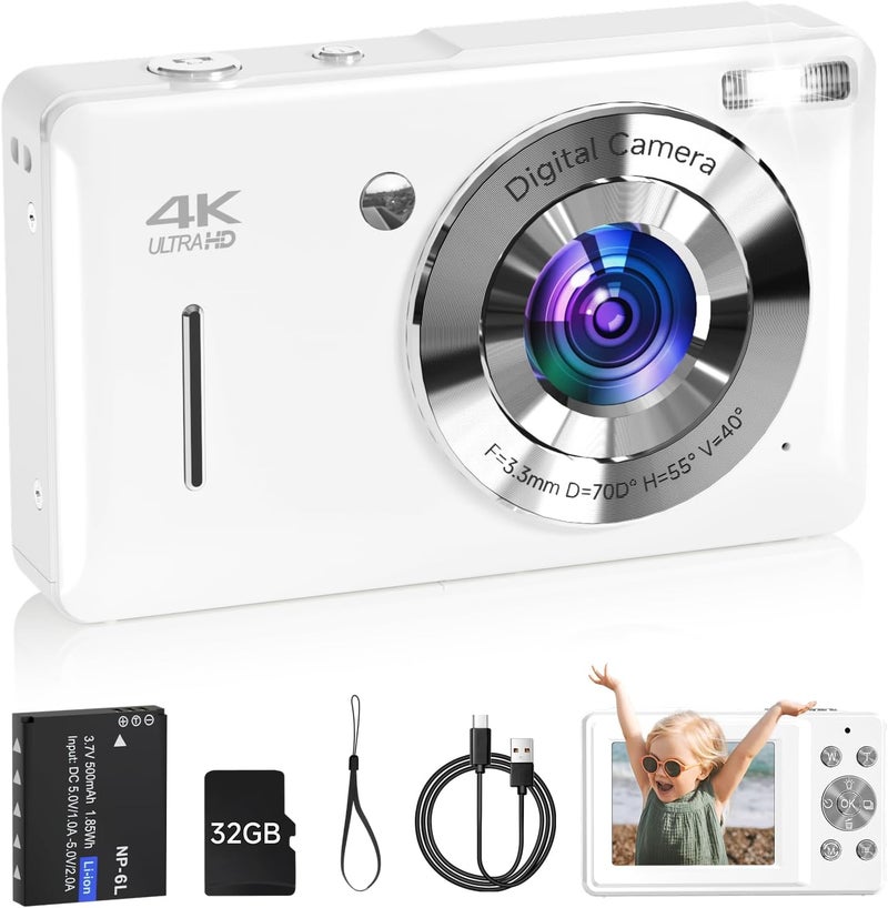 SMARTKLIK Digital Camera for Kids, FHD 1080P 44MP Point and Shoot Digital Camera with Face Detect, Smile Capture, 18X Zoom, 20 Filters, Anti Shake, 32GB SD Card White Compact Vintage Camera for Kids Boys Girls - Image 1